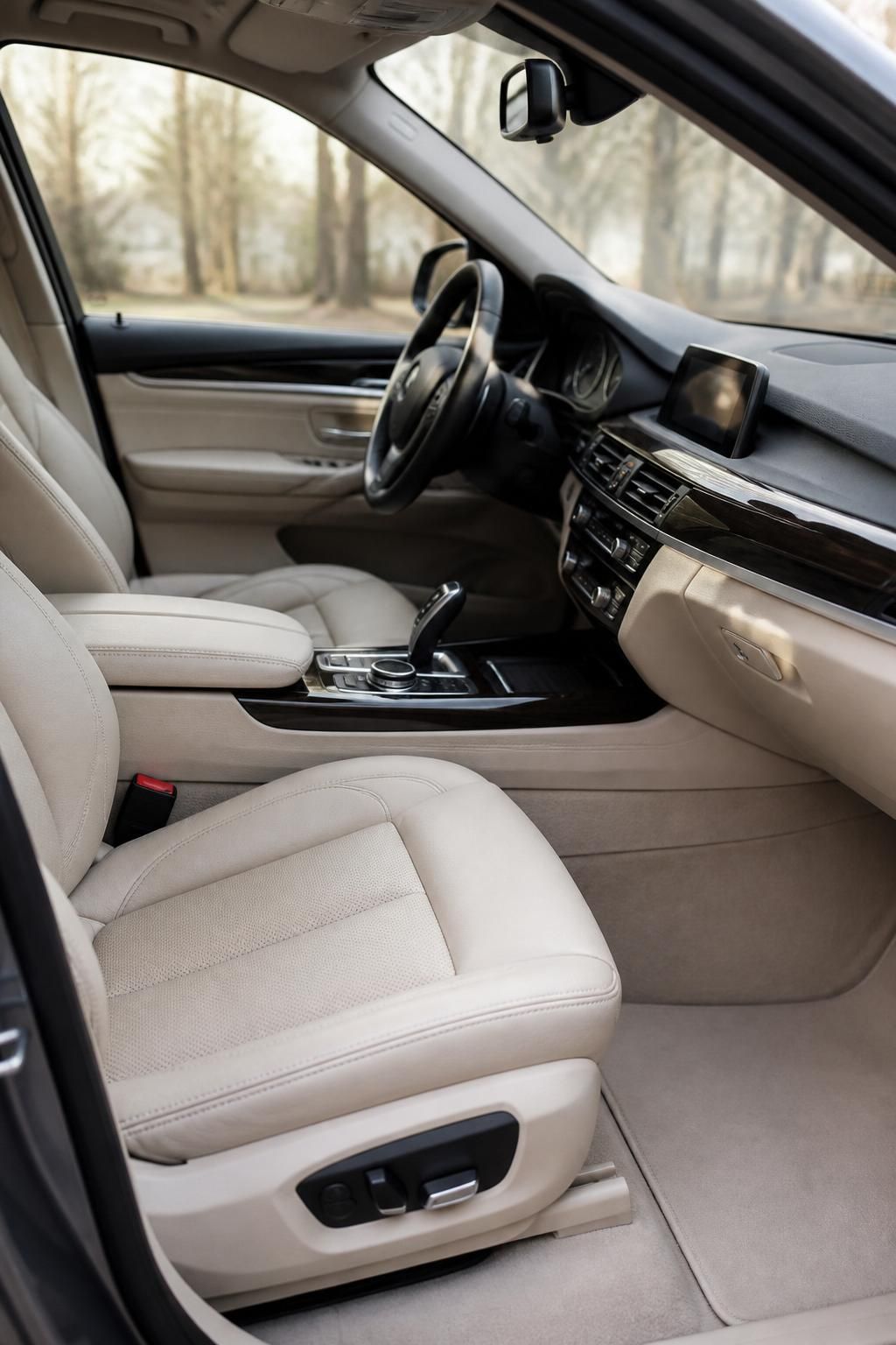 A spotless car interior with clean seats and dashboard in natural light.