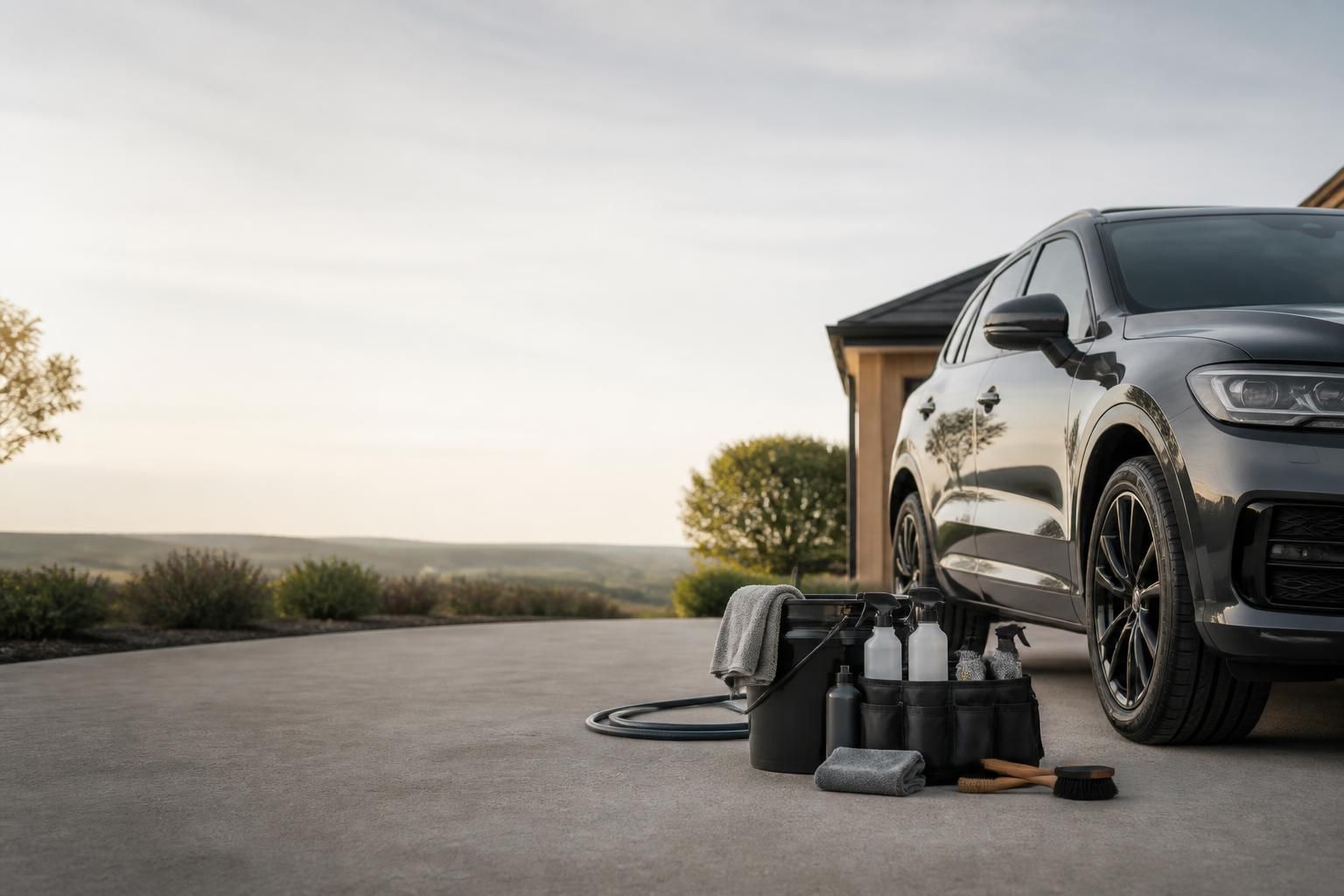 A clean mobile detailing setup beside a polished car with open space.