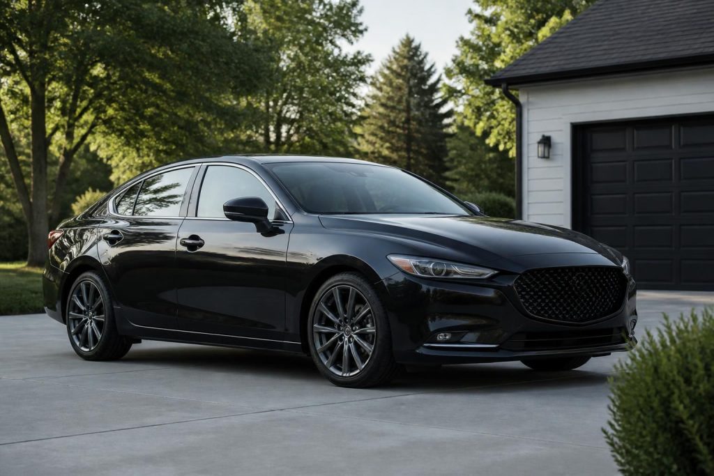A freshly detailed sedan with a glossy finish in soft daylight.
